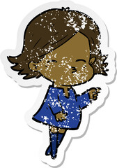 distressed sticker of a cartoon woman pointing