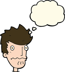 cartoon nervous man with thought bubble