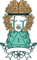 Retro Tattoo Style crying human barbarian with natural one roll