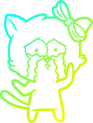 cold gradient line drawing of a cartoon cat