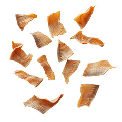 Fototapeta premium A close up of a bunch of pieces of fish on a transparent background