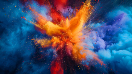 Obraz na płótnie Canvas A colorful explosion of smoke. The colors are vibrant, a sense of energy and excitement. A colorful explosion of paint with a mix of blue, yellow, and red colors. The explosion appears to be a vibrant