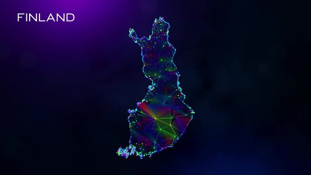 Futuristic Motion Reveal Finland Map Polygonal Blue Purple Colorful Connected Lines And Dots Network Wireframe With Text On Hazy Flare Bokeh Background, Last 10 Seconds Seamless Loop