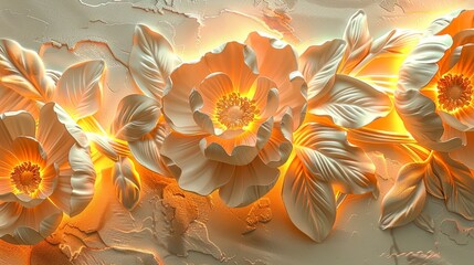 Plakaty  Light decorative texture of a plaster wall with voluminous decorative flowers and golden elements.