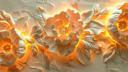 Foto auf Acrylglas Light decorative texture of a plaster wall with voluminous decorative flowers and golden elements. © MiaStendal