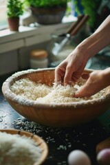 A person putting rice in a bowl on a table. Suitable for food and cooking concepts