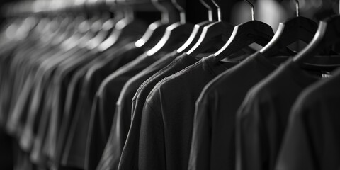 A monochrome image of a rack of shirts, suitable for fashion blogs or clothing advertisements