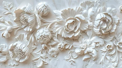 Fotobehang Light decorative texture of plaster wall with volumetric decorative flowers. © MiaStendal