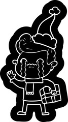 quirky cartoon icon of a man crying wearing santa hat