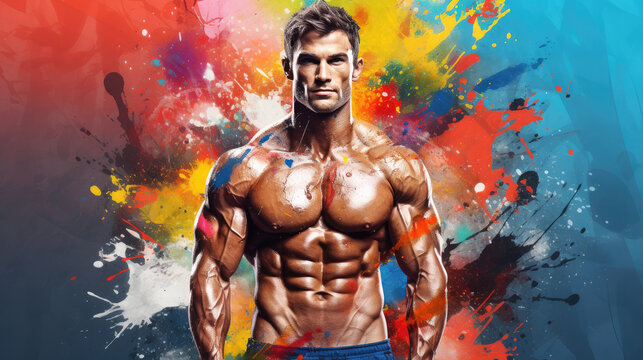 Male bodybuilder against a background of multi-colored bright splashes of paint.