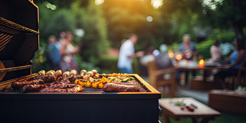 Sausages and vegetables on a barbecue grill with blurred people at a backyard party. Outdoor picnic.