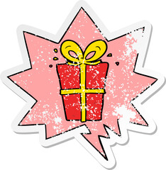 cartoon wrapped gift with speech bubble distressed distressed old sticker