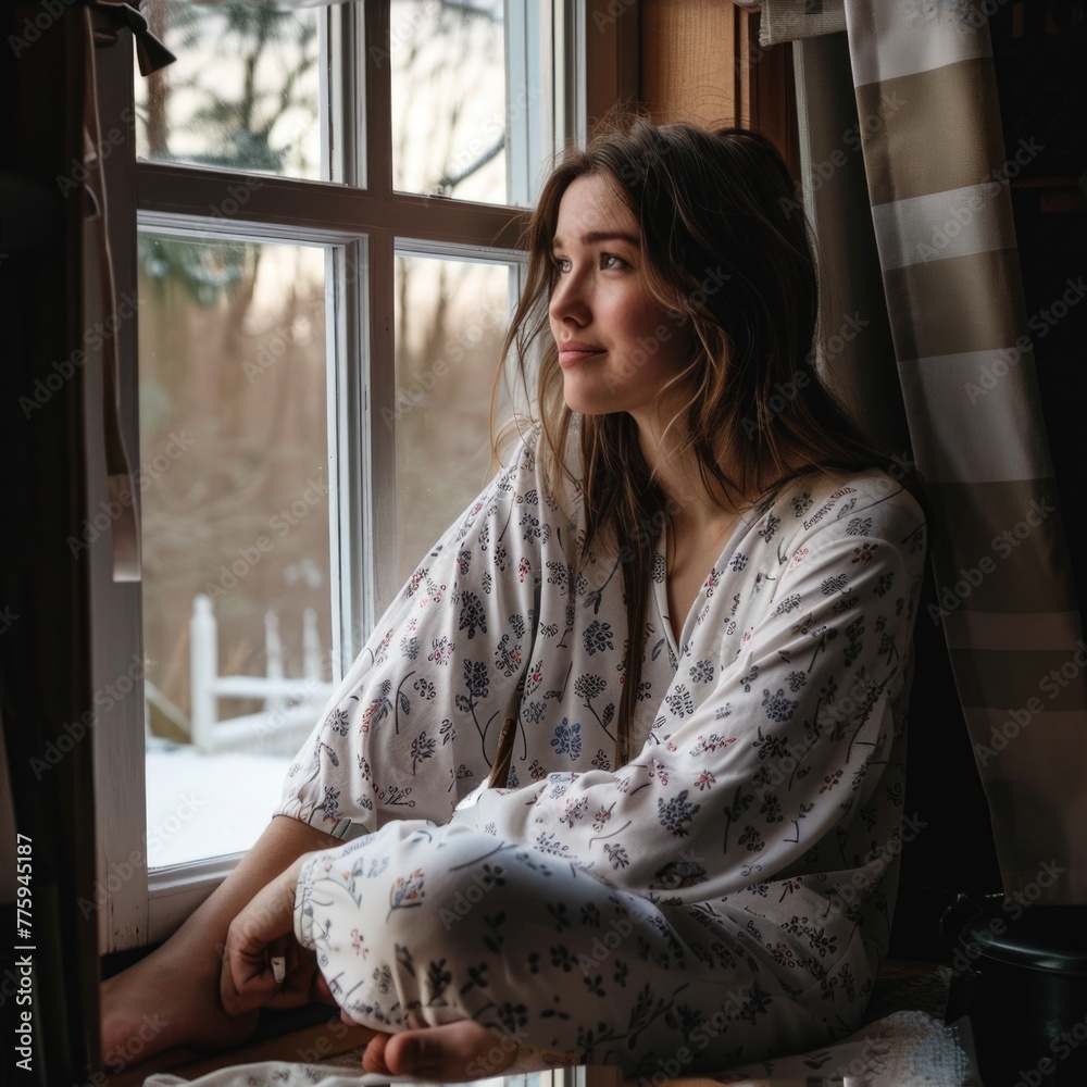 Poster a woman sitting in front of a window, looking out. suitable for various design projects