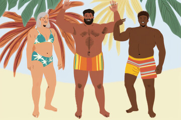 A Illustration of two happy, diverse, plus-size man and woman in colorful swimwear standing confidently, embodying body positivity and diversity, beach summer party. 
