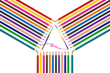 Horizontal image with wooden colored pencils forming a triangle that gives rise to a multicolored...