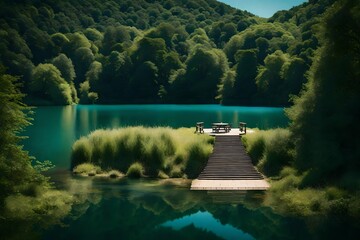 A tranquil lake surrounded by rolling hills and gentle slopes, with a clear blue sky above.
