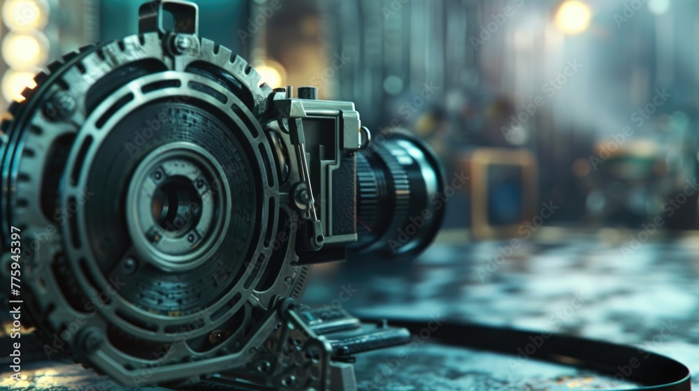 Poster close up of a camera on a table, suitable for technology and photography concepts