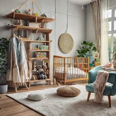 living room with furniture.a visually pleasing nursery concept that embraces simplicity and functionality, incorporating elements of Scandinavian design such as clean lines, warm woods, and understate - obrazy, fototapety, plakaty
