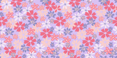 Abstract creative groovy flowers seamless pattern on a purple background. Vector hand drawn shapes, ditsy meadow. Pastel cute floral print. Template for designs, notebook cover, childish textiles