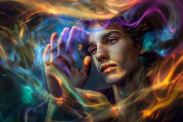 A portrait of a person with intense gaze, surrounded by colorful, surreal light swirls that evoke a sense of magic and wonder.