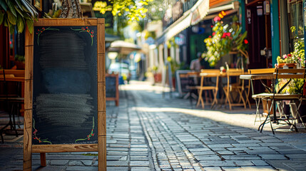 Fototapeta na wymiar Chalkboard sign outside cafe on a sunny cobblestone street. Copy space
