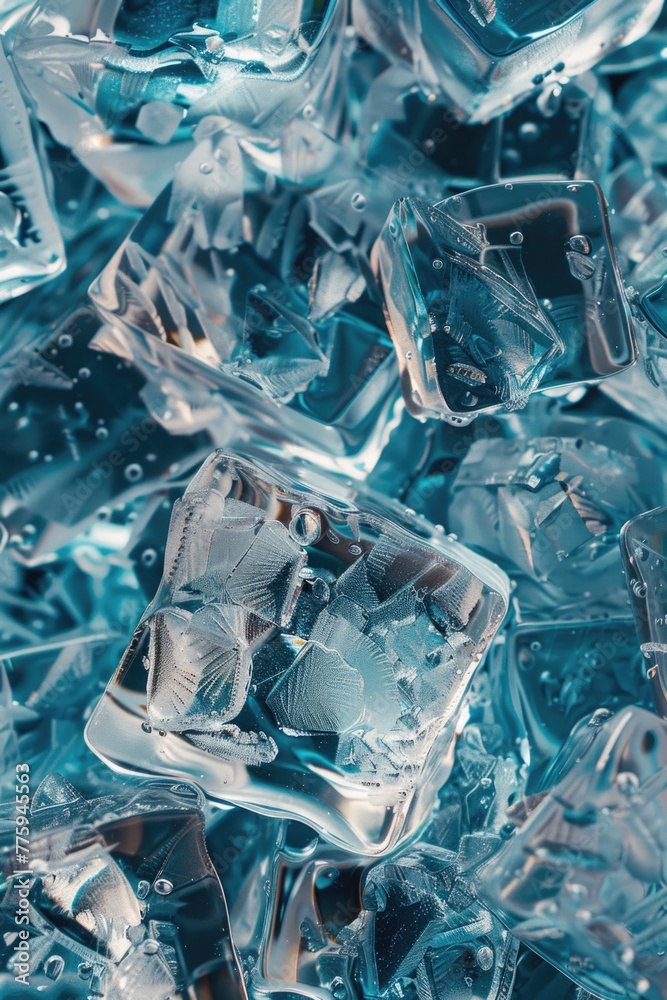 Poster A pile of ice cubes stacked on top of each other. Perfect for summer refreshment concepts