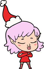 pretty hand drawn line drawing of a elf girl wearing santa hat