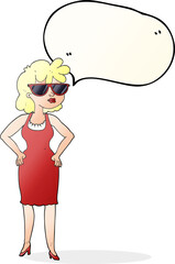 freehand drawn speech bubble cartoon woman wearing sunglasses