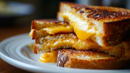 Appetizing Grilled Cheese Sandwich with Warm Melted Cheddar on Golden Toast, Presented on a Pristine White Plate