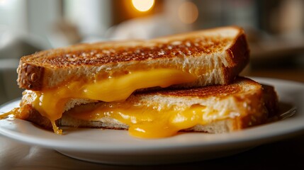 Delicious Grilled Cheese Sandwich with Oozing Cheddar on Crispy Toast, Served on a Clean White Plate