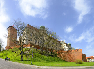Krakow, Poland - Wawel Hill and Royal Wawel Castle, defensive walls. Krakow is UNESCO World Heritage Site