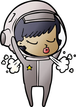 cartoon pretty astronaut girl taking off helmet