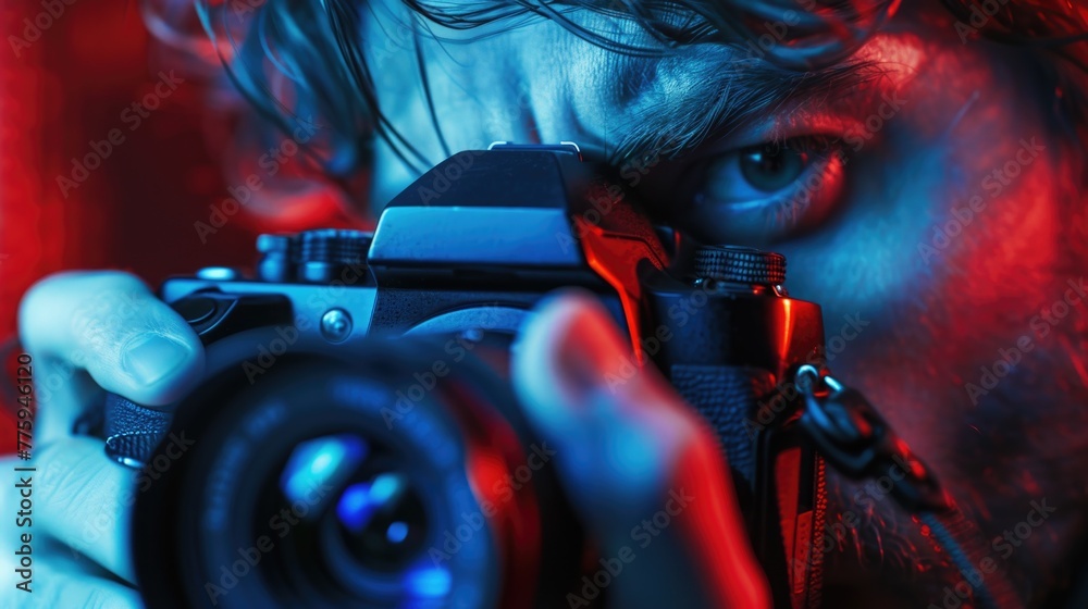 Poster a man capturing a moment with a camera. suitable for photography enthusiasts