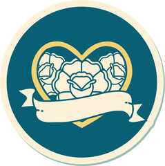 sticker of tattoo in traditional style of a heart and banner with flowers