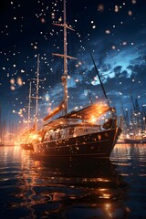 Sailboat in the sea at night. 3d illustration.