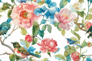 Behang Seamless vintage watercolor with peonies and birds. © Thi
