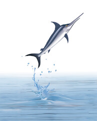 un poisson espadon qui saut et sort de l'eau avec splash