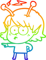 rainbow gradient line drawing of a cartoon alien girl