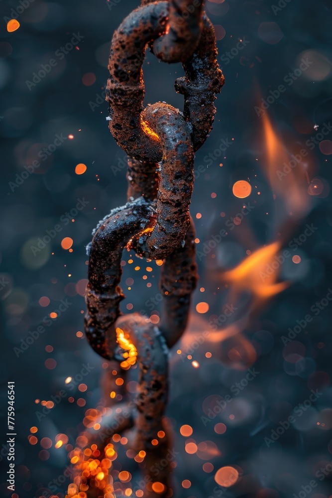 Fototapete a close up of a chain with fire in the background. suitable for concepts of danger and destruction