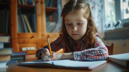 Young girl sitting at a table with a pencil in hand. Suitable for educational and creative concepts
