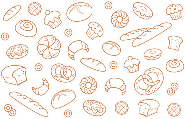 Bread and pastries background. Seamless pattern with hand drawn bakery products. Design web site, packing, textile, fabric. Isolated on white background. Vector illustration - 775946536