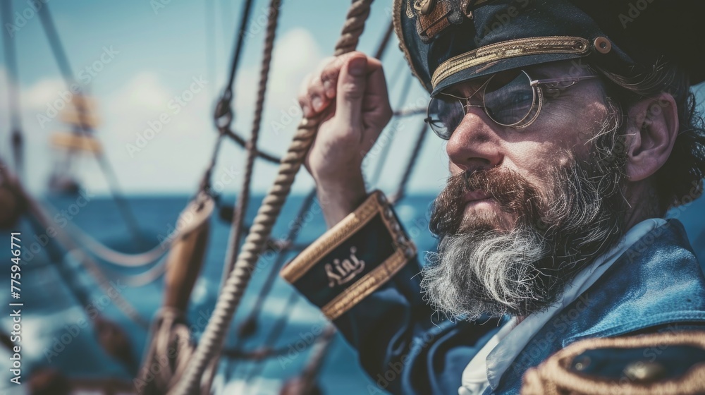 Poster a man with a beard wearing a hat and glasses. suitable for various concepts and designs