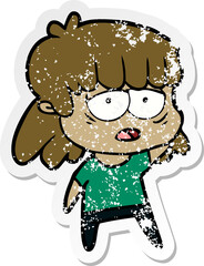 distressed sticker of a cartoon tired woman