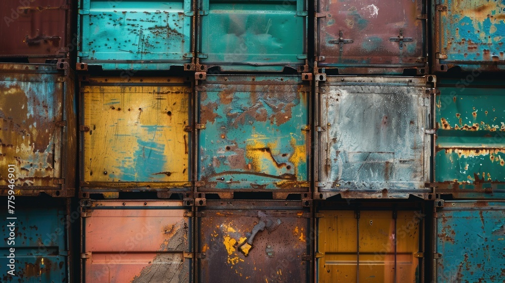 Poster close up shot of rusty containers, suitable for industrial concepts