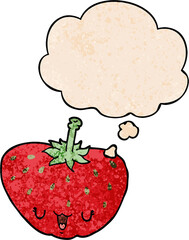cartoon strawberry with thought bubble in grunge texture style