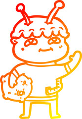 warm gradient line drawing of a friendly cartoon spaceman waving