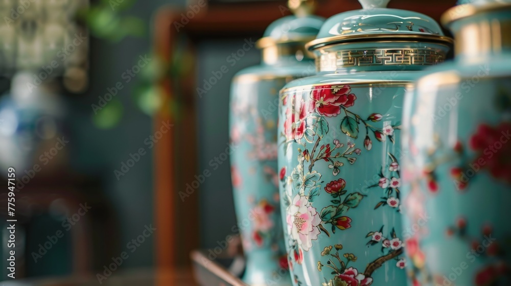 Poster a group of vases sitting on top of a table. suitable for home decor or interior design concepts