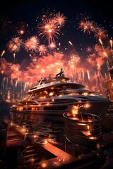 3D Illustration of a Luxury Yacht and Fireworks