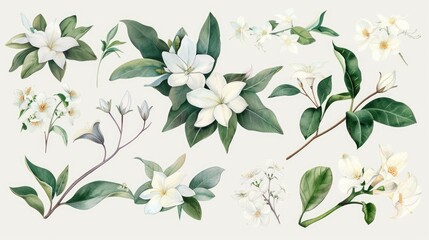 White flowers and leaves on a clean white background, suitable for various design projects