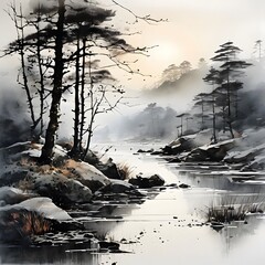 a natural landscape painted in ink-and-wash painting -Generative AI